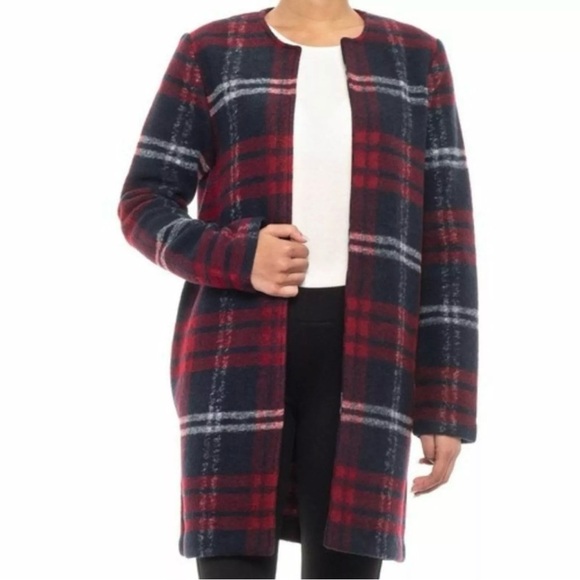 Max Studio Wool Blend Plaid Open Front Coat Women’s Size S Red Navy Pockets - Picture 1 of 7